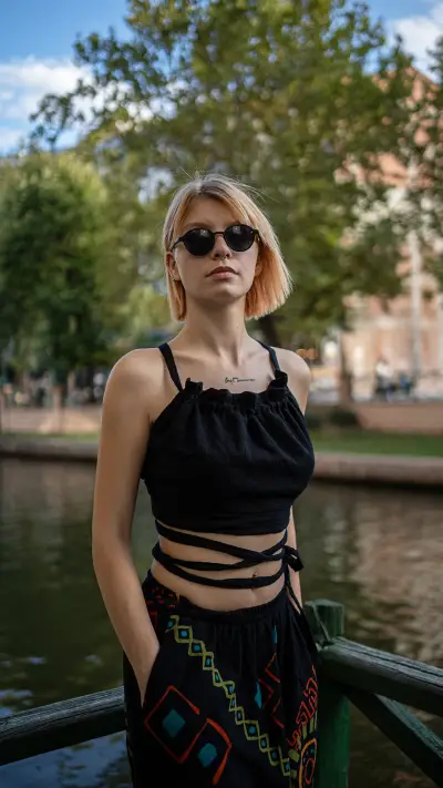 Sırtı Bağcıklı Önden Büzgülü Crop Top